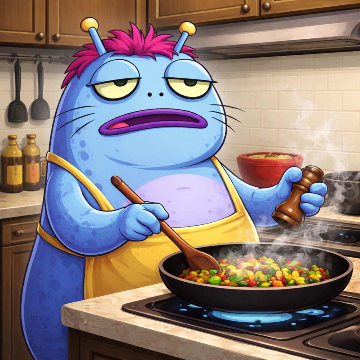 Anagocto cooking in the kitchen